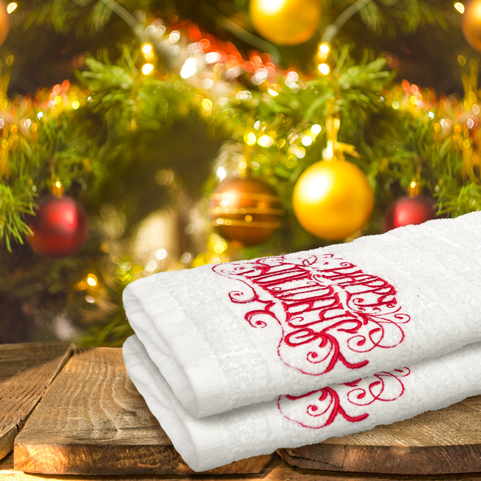 American Soft Linen Christmas Towels Bathroom Set, 2 Packed Embroidered Decorative 100% Cotton Hand Towels, Dish Towels for Decor Xmas, Santa Tree