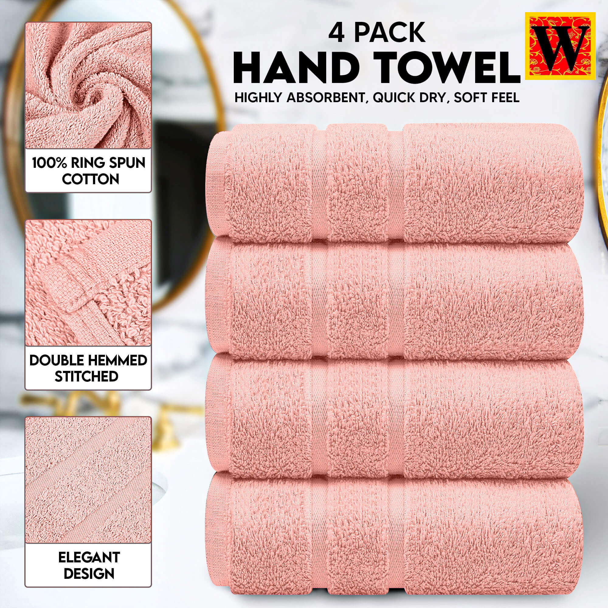 100 Egyptian Cotton 4 Piece Hand Towels Set 50x100cm